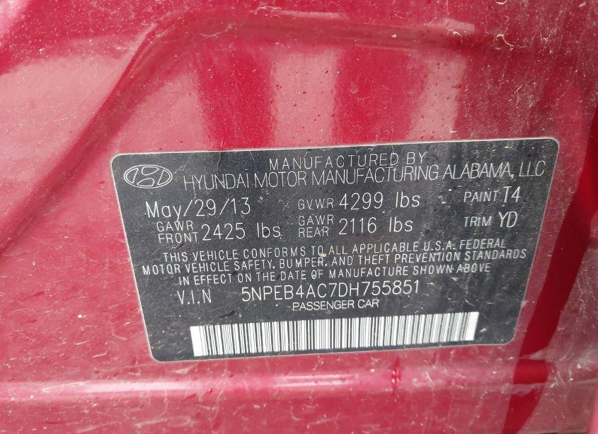 Photo 9 of 2013 Hyundai Sonata GLS (VIN 5NPEB4AC7DH755851)