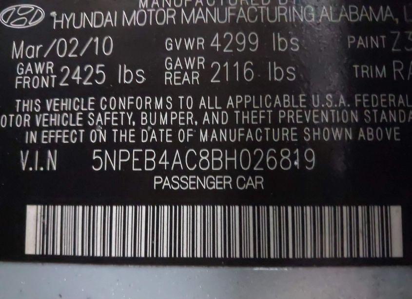 Photo 9 of 2011 Hyundai Sonata GLS (VIN 5NPEB4AC8BH026819)