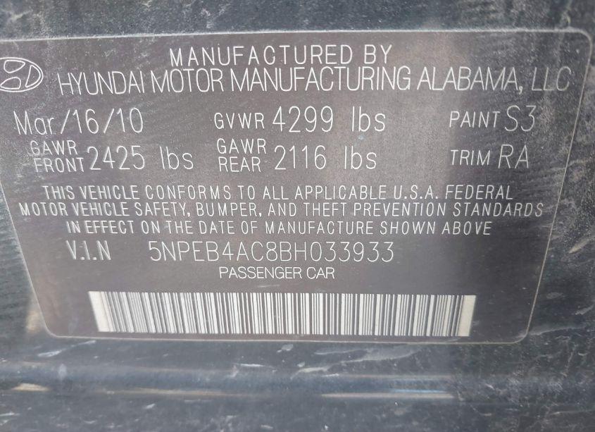 Photo 12 of 2011 Hyundai Sonata GLS (VIN 5NPEB4AC8BH033933)