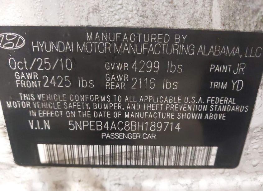 Photo 9 of 2011 Hyundai Sonata GLS (VIN 5NPEB4AC8BH189714)