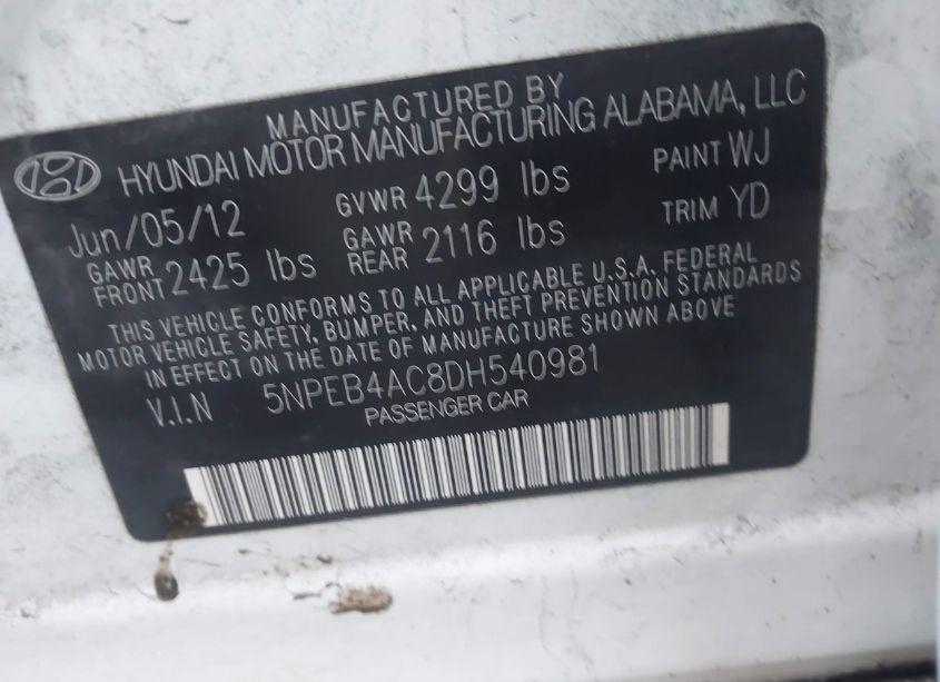 Photo 9 of 2013 Hyundai Sonata GLS (VIN 5NPEB4AC8DH540981)