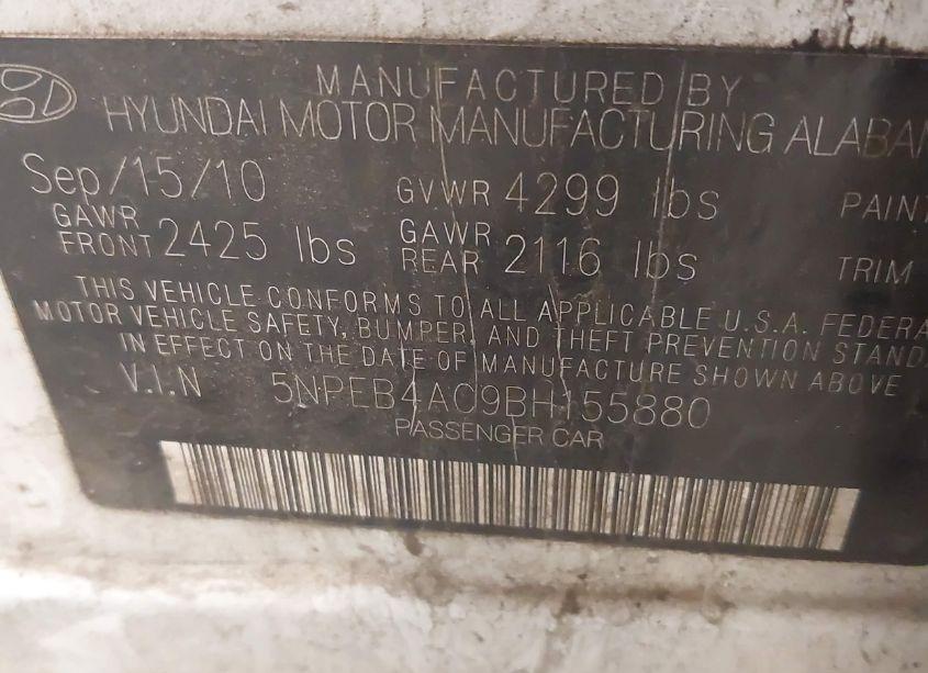 Photo 9 of 2011 Hyundai Sonata GLS (VIN 5NPEB4AC9BH155880)