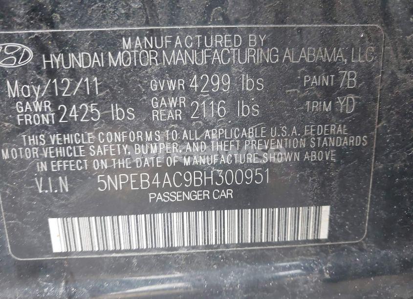 Photo 9 of 2011 Hyundai Sonata GLS (VIN 5NPEB4AC9BH300951)