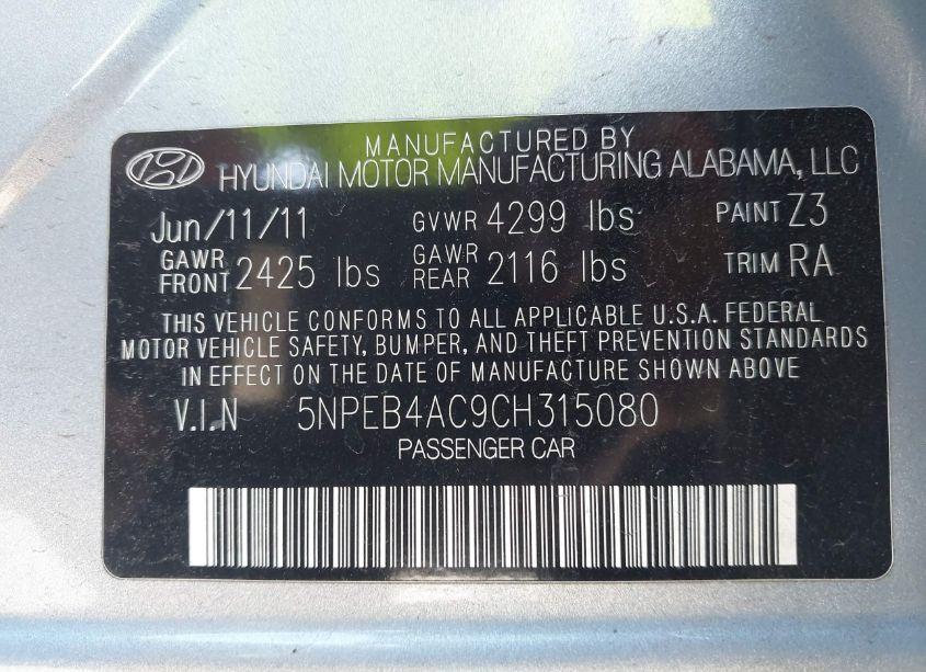 Photo 9 of 2012 Hyundai Sonata GLS (VIN 5NPEB4AC9CH315080)