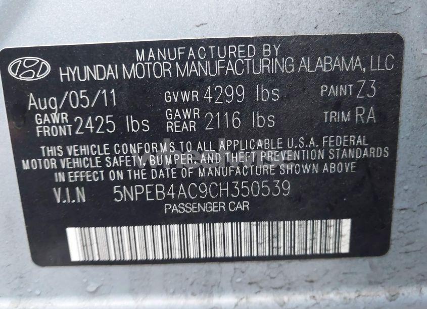 Photo 9 of 2012 Hyundai Sonata GLS (VIN 5NPEB4AC9CH350539)