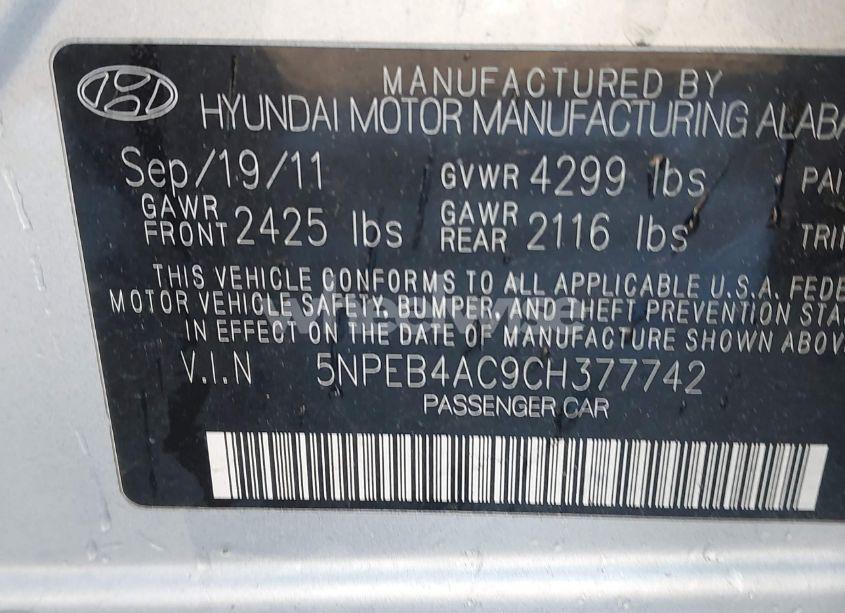 Photo 9 of 2012 Hyundai Sonata GLS (VIN 5NPEB4AC9CH377742)