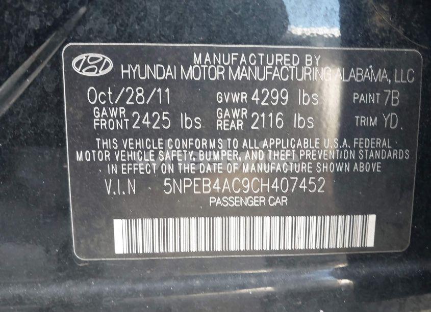 Photo 9 of 2012 Hyundai Sonata GLS (VIN 5NPEB4AC9CH407452)