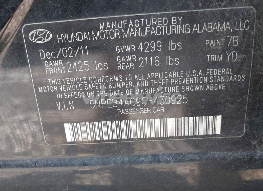 Photo 9 of 2012 Hyundai Sonata GLS (VIN 5NPEB4AC9CH430925)