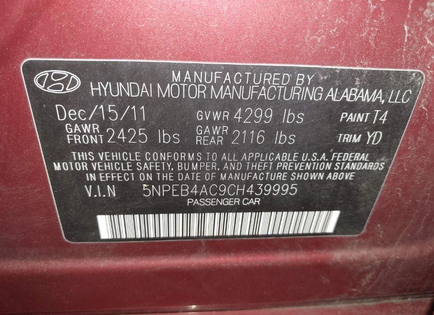 Photo 9 of 2012 Hyundai Sonata GLS (VIN 5NPEB4AC9CH439995)