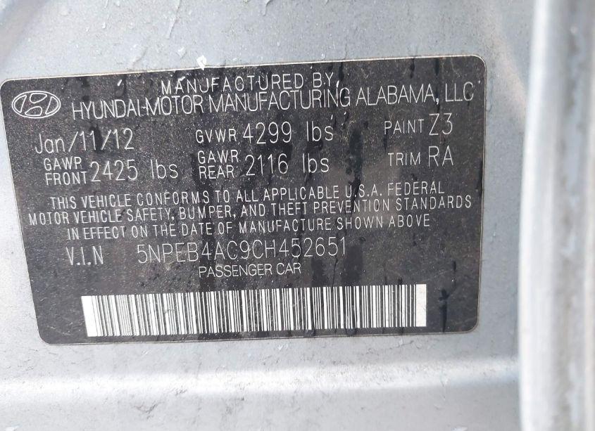 Photo 9 of 2012 Hyundai Sonata GLS (VIN 5NPEB4AC9CH452651)