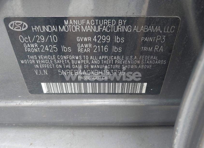 Photo 9 of 2011 Hyundai Sonata GLS (VIN 5NPEB4ACXBH193795)