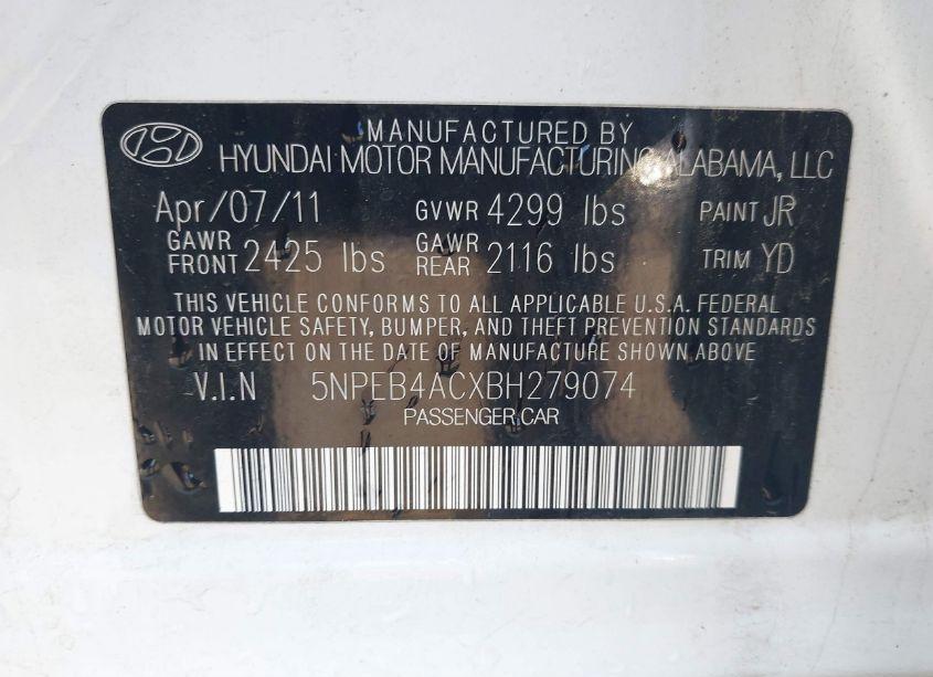 Photo 9 of 2011 Hyundai Sonata GLS (VIN 5NPEB4ACXBH279074)