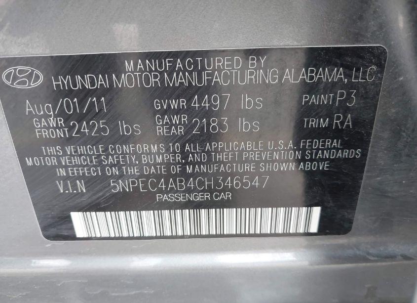 Photo 9 of 2012 Hyundai Sonata LIMITED 2.0T (VIN 5NPEC4AB4CH346547)