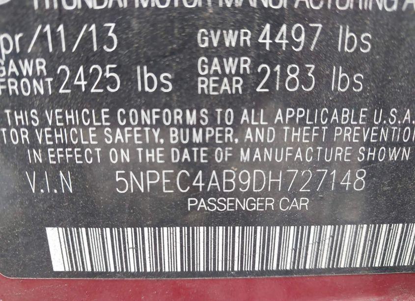 Photo 9 of 2013 Hyundai Sonata LIMITED 2.0T (VIN 5NPEC4AB9DH727148)