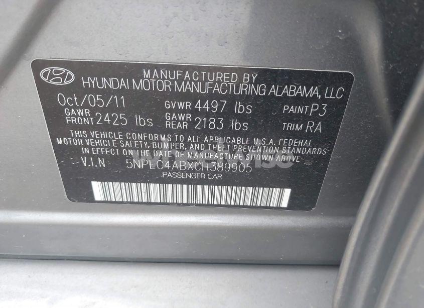 Photo 9 of 2012 Hyundai Sonata SE 2.0T (VIN 5NPEC4ABXCH389905)