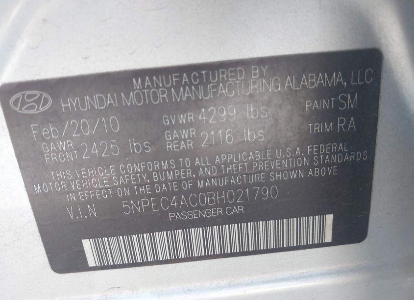 Photo 9 of 2011 Hyundai Sonata LIMITED (VIN 5NPEC4AC0BH021790)