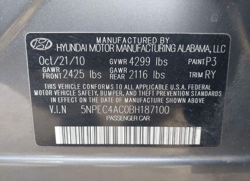 Photo 9 of 2011 Hyundai Sonata LIMITED (VIN 5NPEC4AC0BH187100)