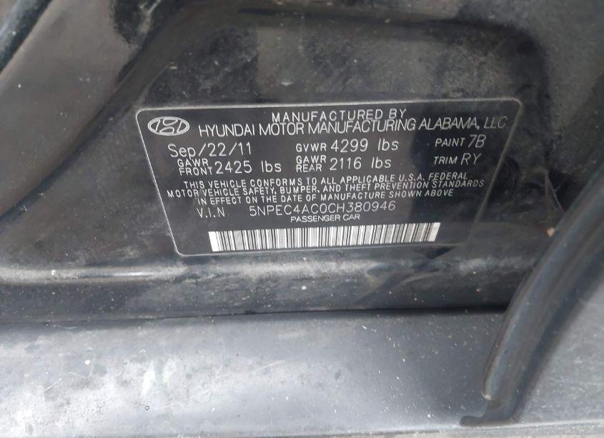 Photo 9 of 2012 Hyundai Sonata SE (VIN 5NPEC4AC0CH380946)