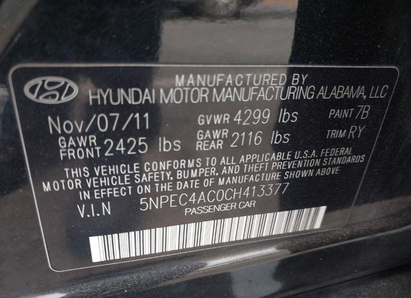 Photo 9 of 2012 Hyundai Sonata SE (VIN 5NPEC4AC0CH413377)