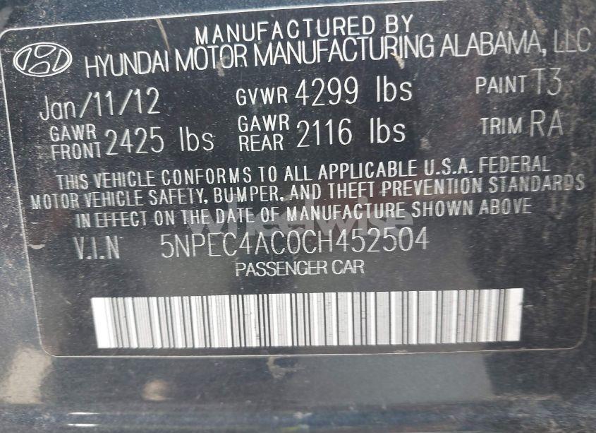 Photo 9 of 2012 Hyundai Sonata LIMITED (VIN 5NPEC4AC0CH452504)