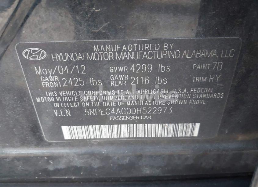 Photo 9 of 2013 Hyundai Sonata SE (VIN 5NPEC4AC0DH522973)