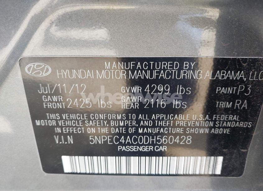 Photo 9 of 2013 Hyundai Sonata LIMITED (VIN 5NPEC4AC0DH560428)