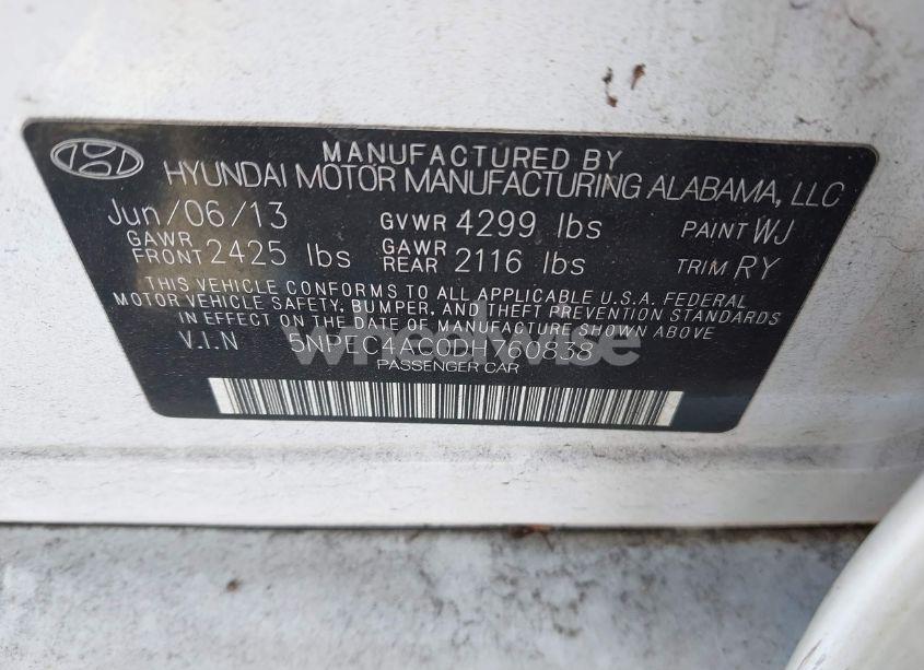 Photo 9 of 2013 Hyundai Sonata SE (VIN 5NPEC4AC0DH760838)
