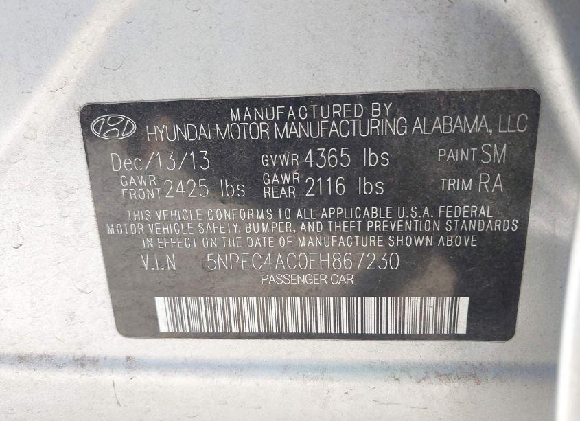 Photo 9 of 2014 Hyundai Sonata (VIN 5NPEC4AC0EH867230)