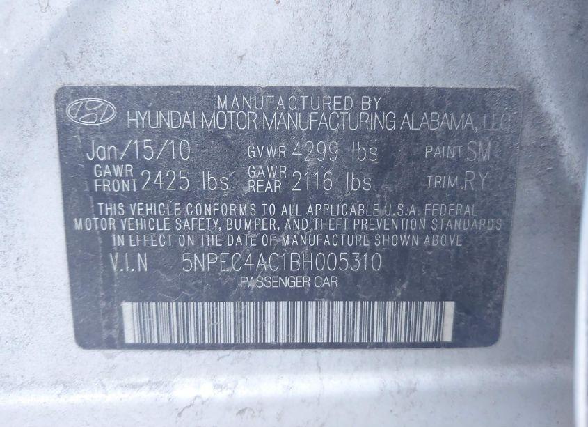 Photo 9 of 2011 Hyundai Sonata LIMITED (VIN 5NPEC4AC1BH005310)