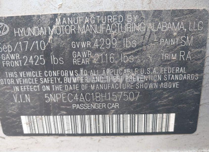 Photo 9 of 2011 Hyundai Sonata SE (VIN 5NPEC4AC1BH157507)