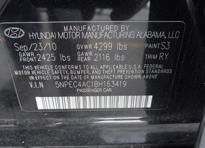 Photo 9 of 2011 Hyundai Sonata SE (VIN 5NPEC4AC1BH163419)