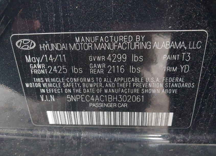 Photo 9 of 2011 Hyundai Sonata LIMITED (VIN 5NPEC4AC1BH302061)