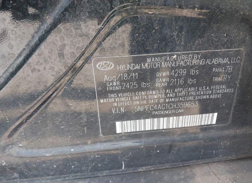 Photo 9 of 2012 Hyundai Sonata SE (VIN 5NPEC4AC1CH359653)