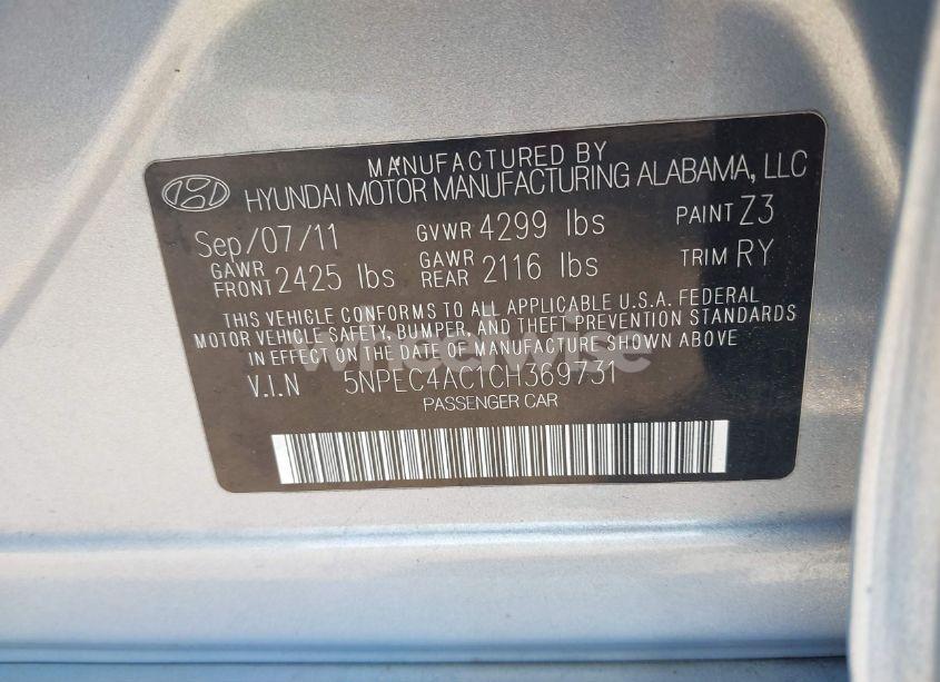 Photo 9 of 2012 Hyundai Sonata SE (VIN 5NPEC4AC1CH369731)