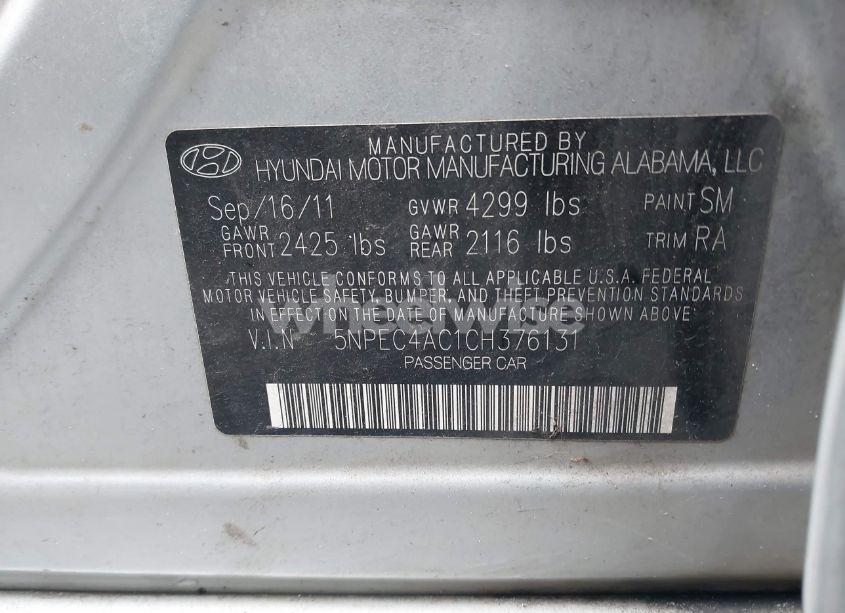 Photo 9 of 2012 Hyundai Sonata SE (VIN 5NPEC4AC1CH376131)