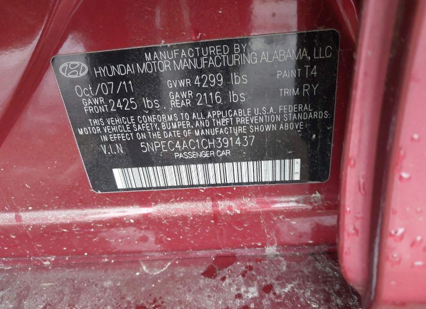 Photo 9 of 2012 Hyundai Sonata SE (VIN 5NPEC4AC1CH391437)