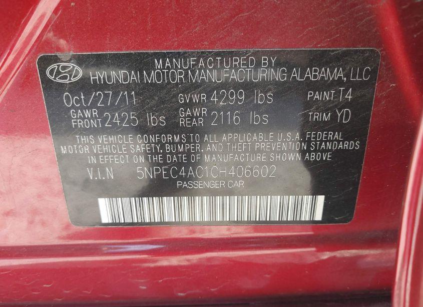 Photo 9 of 2012 Hyundai Sonata LIMITED (VIN 5NPEC4AC1CH406602)