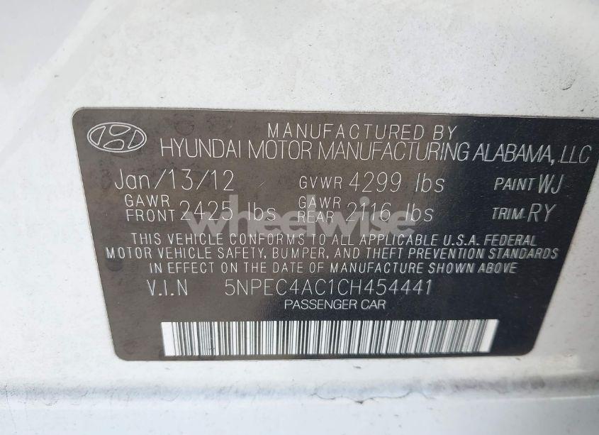 Photo 9 of 2012 Hyundai Sonata SE (VIN 5NPEC4AC1CH454441)