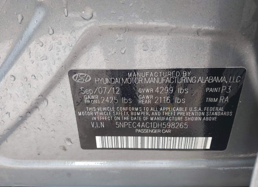 Photo 9 of 2013 Hyundai Sonata LIMITED (VIN 5NPEC4AC1DH598265)