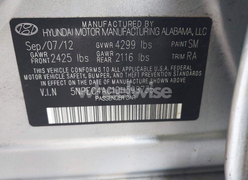 Photo 9 of 2013 Hyundai Sonata SE (VIN 5NPEC4AC1DH598735)