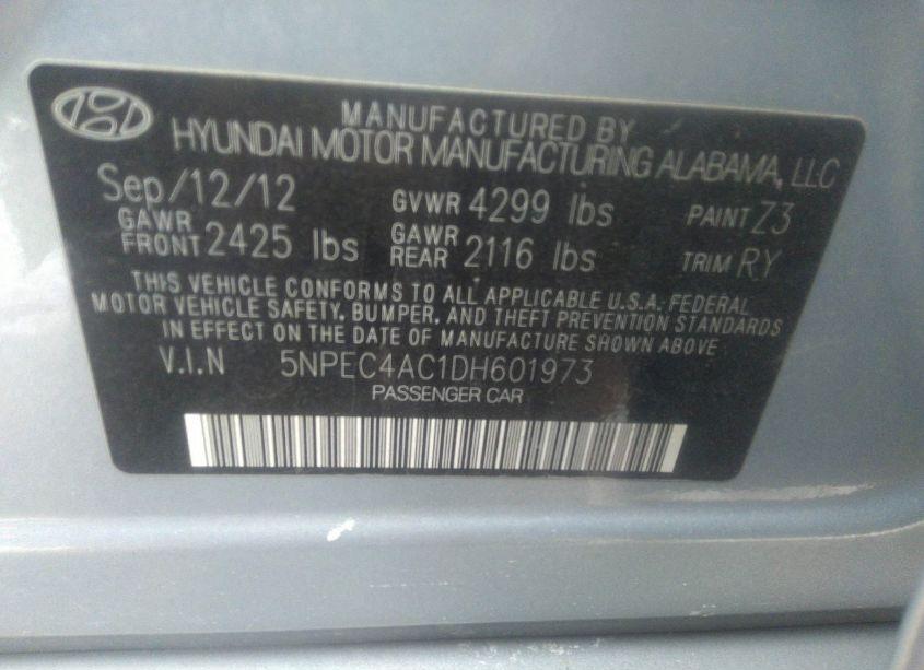 Photo 9 of 2013 Hyundai Sonata SE (VIN 5NPEC4AC1DH601973)