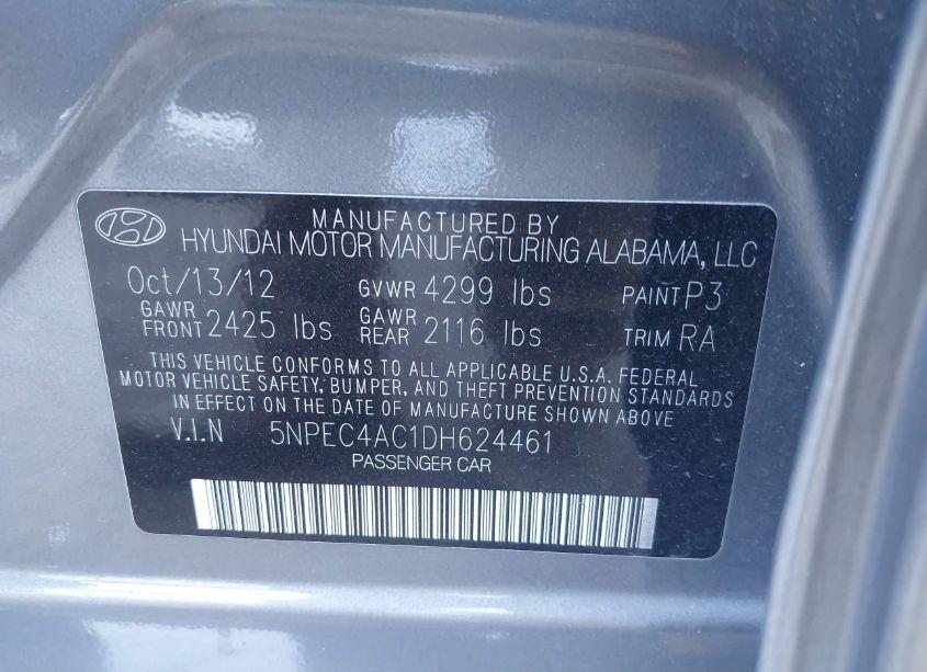 Photo 9 of 2013 Hyundai Sonata SE (VIN 5NPEC4AC1DH624461)