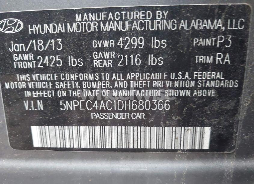 Photo 9 of 2013 Hyundai Sonata SE (VIN 5NPEC4AC1DH680366)