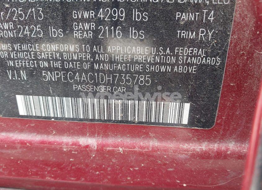 Photo 9 of 2013 Hyundai Sonata SE (VIN 5NPEC4AC1DH735785)