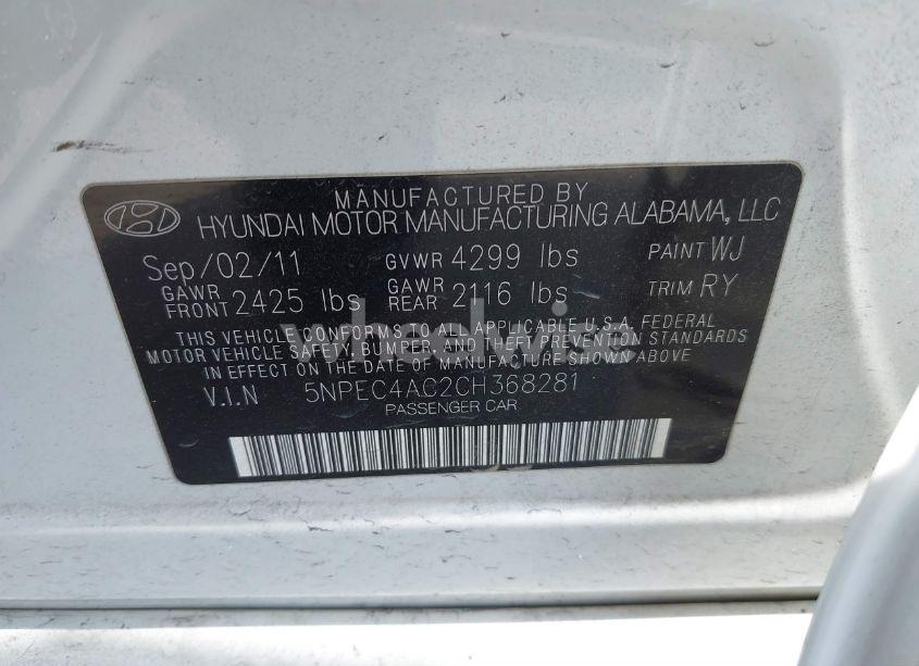 Photo 9 of 2012 Hyundai Sonata SE (VIN 5NPEC4AC2CH368281)