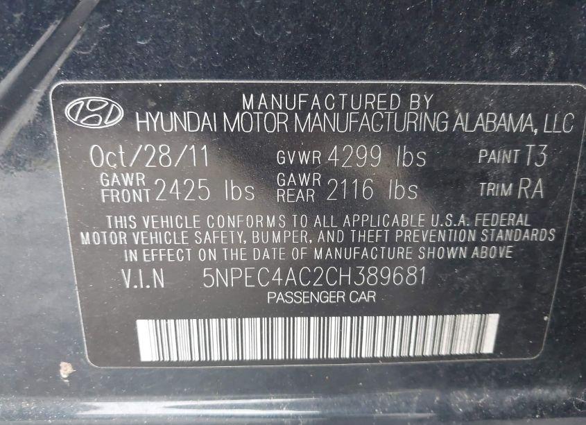 Photo 9 of 2012 Hyundai Sonata SE (VIN 5NPEC4AC2CH389681)