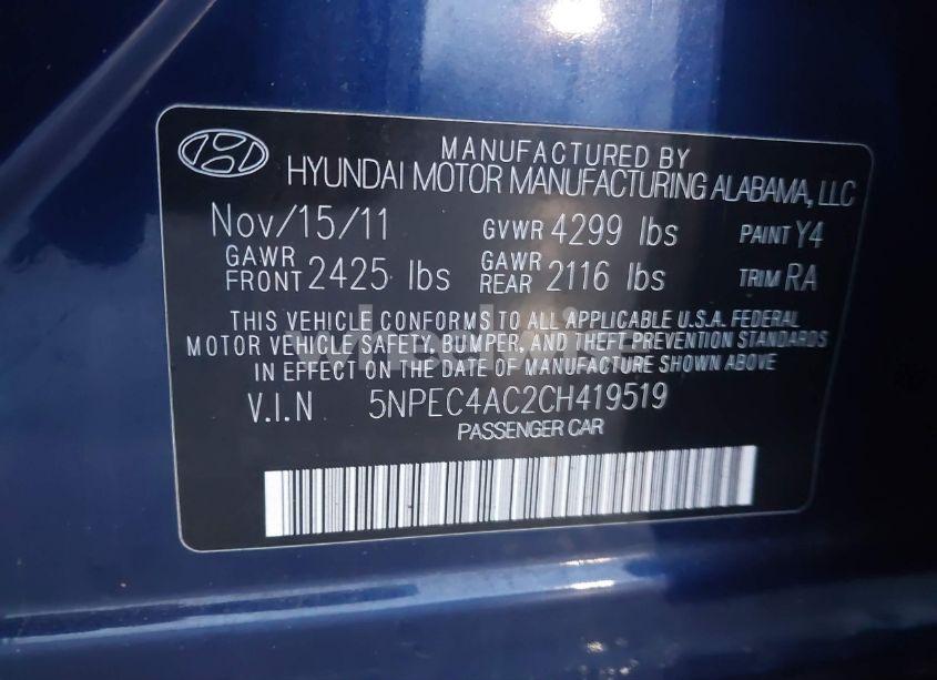 Photo 9 of 2012 Hyundai Sonata SE (VIN 5NPEC4AC2CH419519)