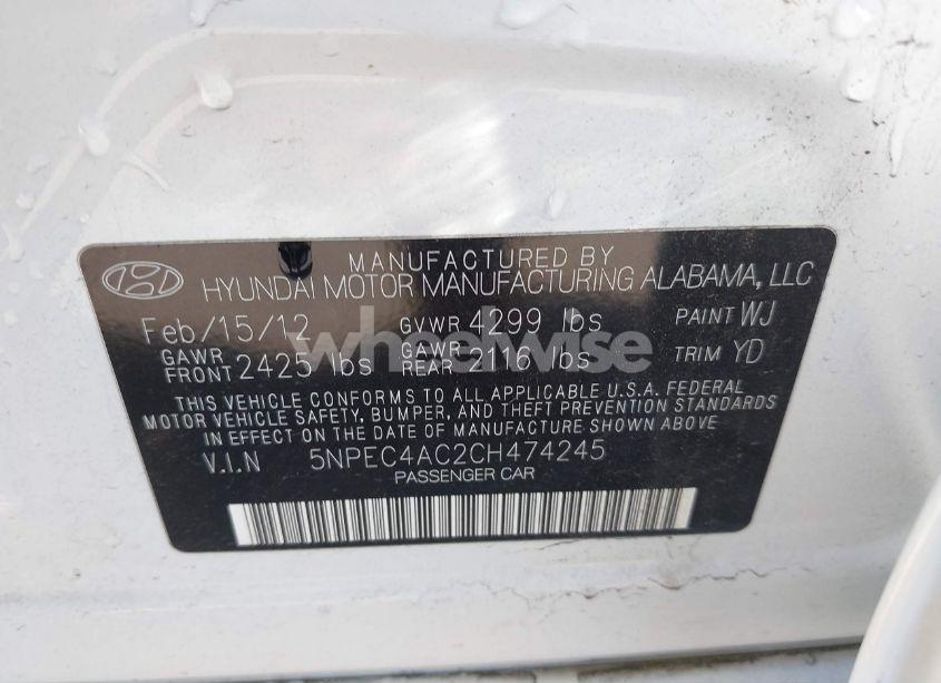Photo 9 of 2012 Hyundai Sonata LIMITED (VIN 5NPEC4AC2CH474245)