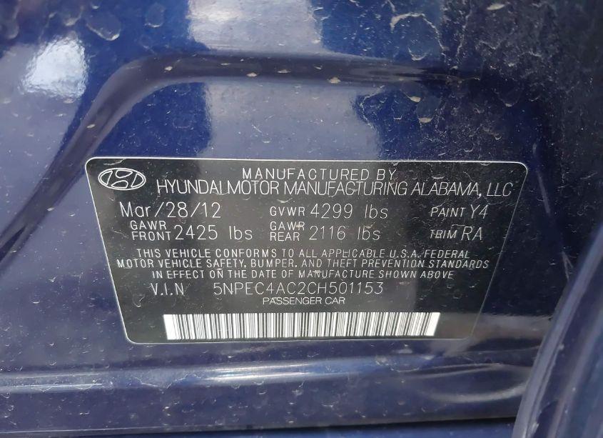 Photo 9 of 2012 Hyundai Sonata SE (VIN 5NPEC4AC2CH501153)