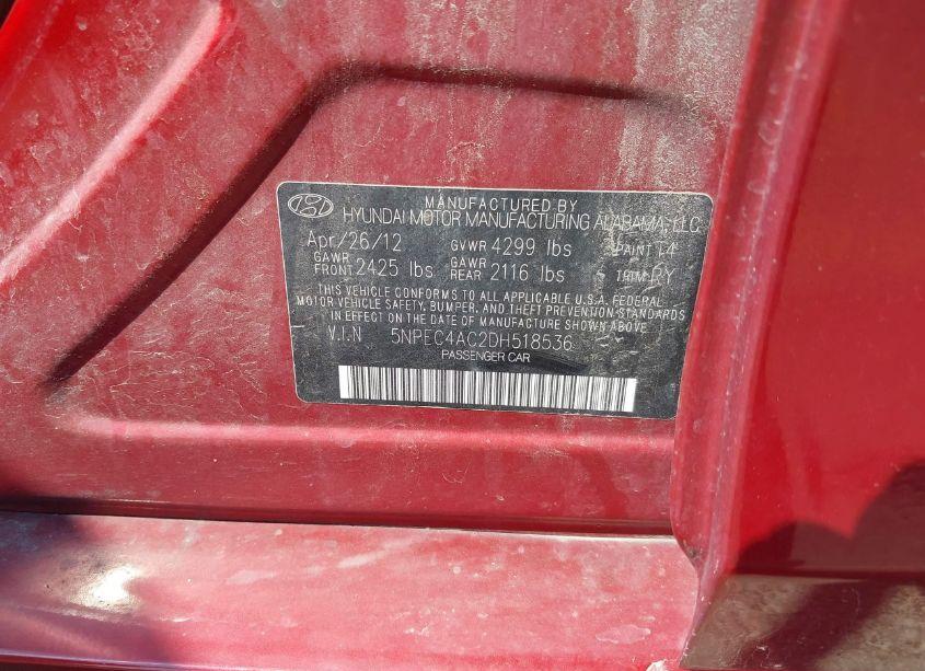 Photo 9 of 2013 Hyundai Sonata SE (VIN 5NPEC4AC2DH518536)